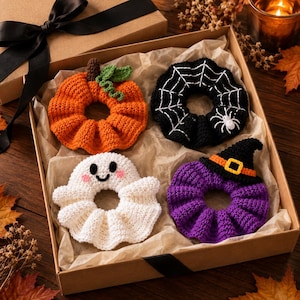 Halloween Crochet Scrunchie Pattern Bundle | Pumpkin Ghost Spiderweb Witch Hat PDF