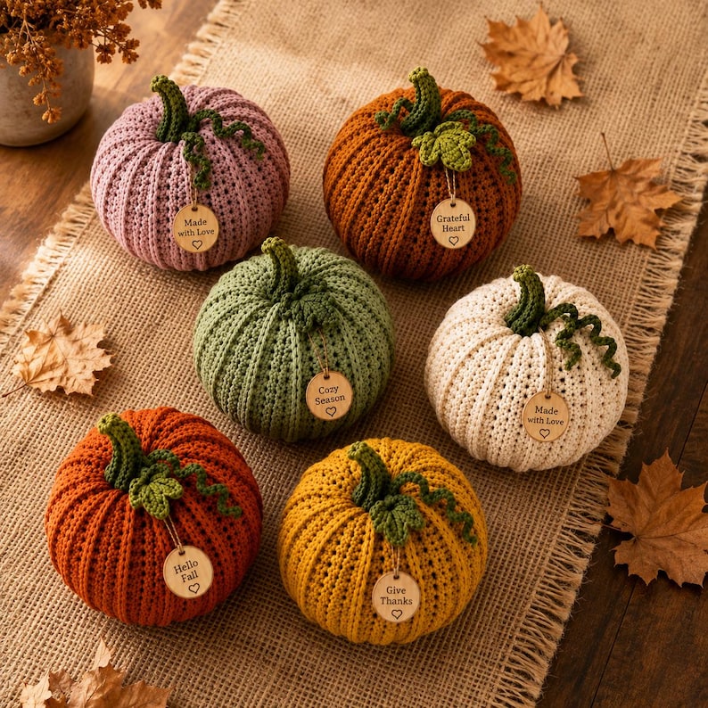 Handmade set of six ribbed crochet pumpkins in dusty pink, burnt orange, sage green, cream, red-orange, and mustard yellow, each with a curved moss green stem, curly vine tendril, and a small wooden charm tag, styled on a fringed canvas runner with autumn leaves and a lit candle.