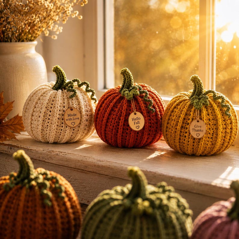 Handmade set of six ribbed crochet pumpkins in dusty pink, burnt orange, sage green, cream, red-orange, and mustard yellow, each with a curved moss green stem, curly vine tendril, and a small wooden charm tag, styled on a fringed canvas runner with autumn leaves and a lit candle.