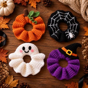May include: Four crocheted hair scrunchies featuring Halloween themes: an orange pumpkin with a green stem, a black scrunchie with a white spiderweb and spider, a white ghost with a smiling face, and a purple scrunchie with a black witch hat.