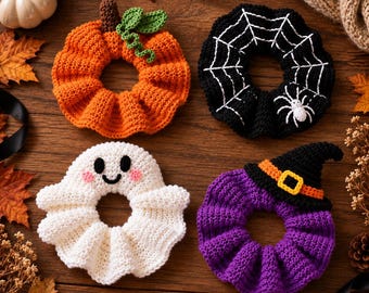Halloween Crochet Scrunchie Pattern Bundle | Pumpkin Ghost Spiderweb Witch Hat PDF