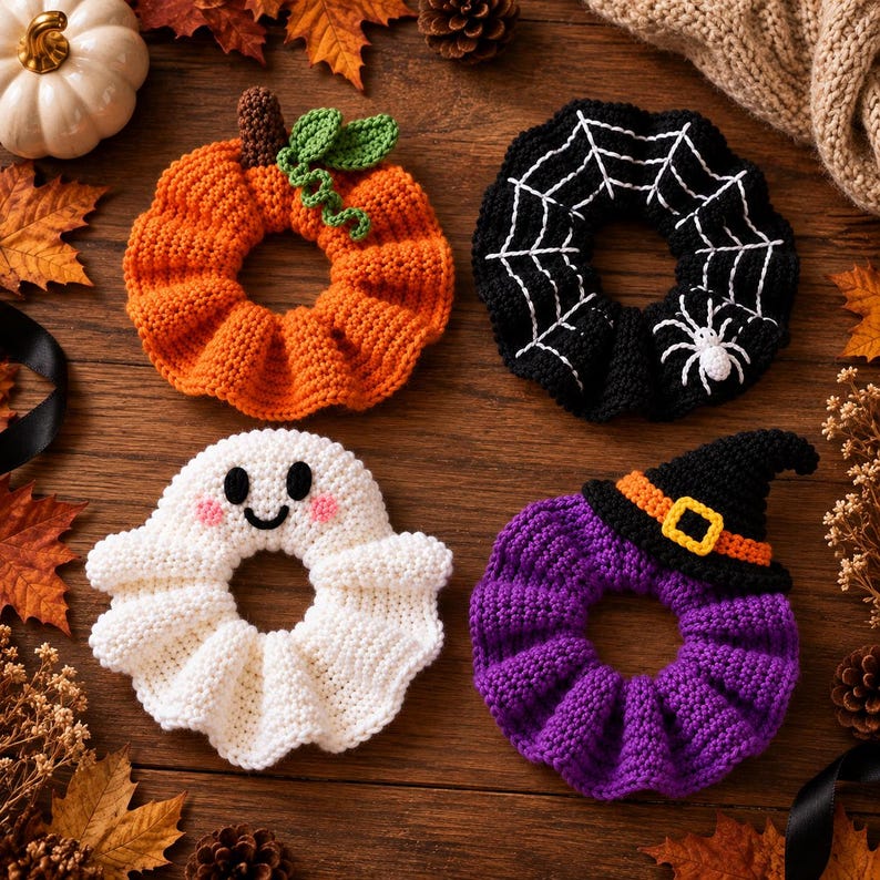 Halloween crochet scrunchie pattern bundle with pumpkin, ghost, spiderweb, and witch hat designs, PDF digital download