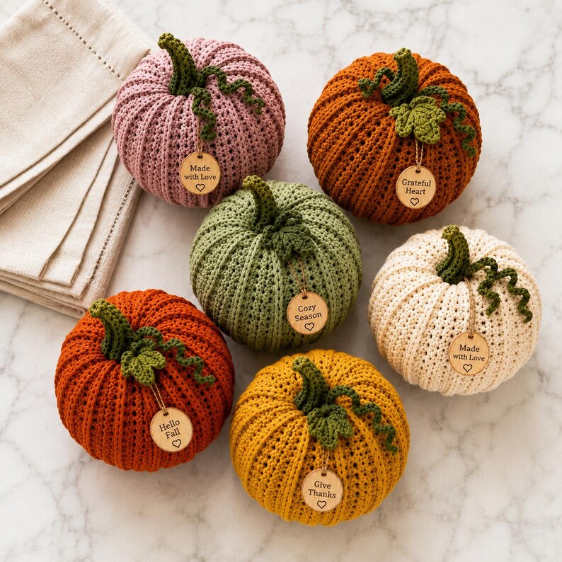 Handmade set of six ribbed crochet pumpkins in dusty pink, burnt orange, sage green, cream, red-orange, and mustard yellow, each with a curved moss green stem, curly vine tendril, and a small wooden charm tag, styled on a fringed canvas runner with autumn leaves and a lit candle.