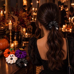 Halloween crochet scrunchie pattern bundle with pumpkin, ghost, spiderweb, and witch hat designs, PDF digital download