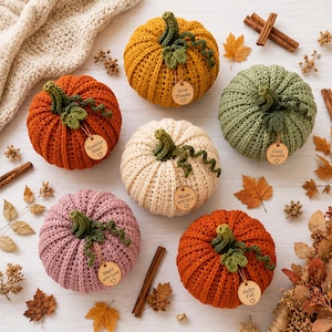 Handmade set of six ribbed crochet pumpkins in dusty pink, burnt orange, sage green, cream, red-orange, and mustard yellow, each with a curved moss green stem, curly vine tendril, and a small wooden charm tag, styled on a fringed canvas runner with autumn leaves and a lit candle.