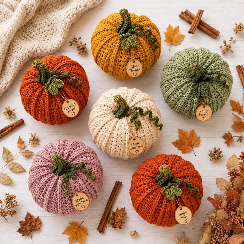 Handmade set of six ribbed crochet pumpkins in dusty pink, burnt orange, sage green, cream, red-orange, and mustard yellow, each with a curved moss green stem, curly vine tendril, and a small wooden charm tag, styled on a fringed canvas runner with autumn leaves and a lit candle.