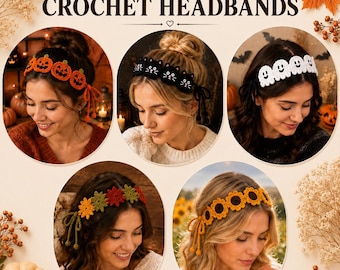 Halloween Fall Crochet Headband Pattern Bundle, Sunflower Maple Leaf Pumpkin, PDF Download