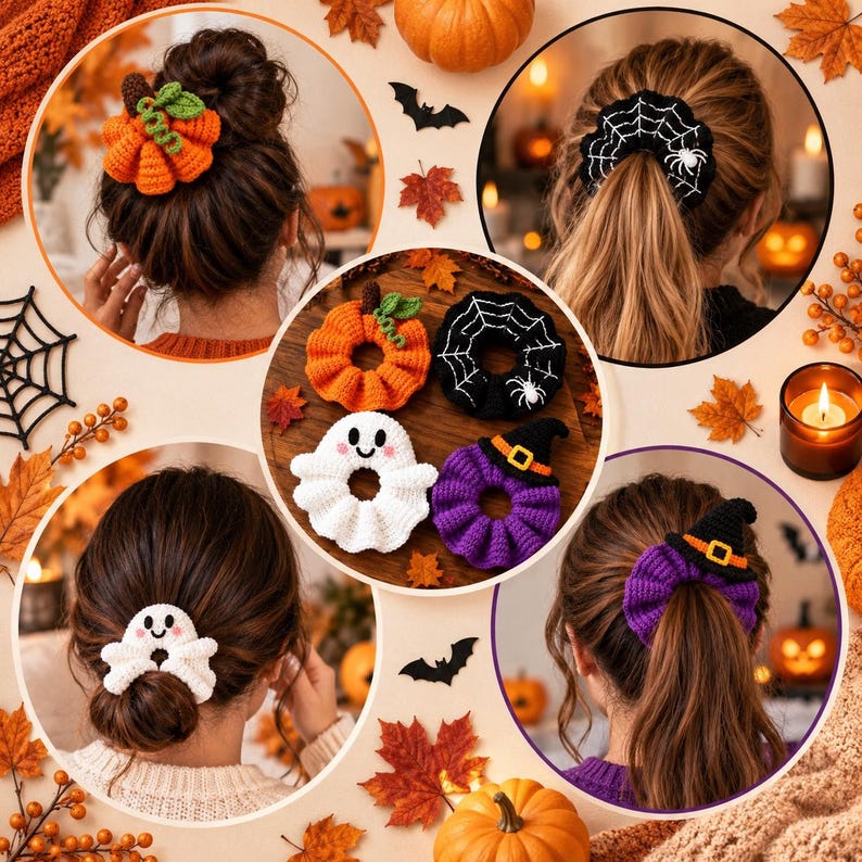 Halloween crochet scrunchie pattern bundle with pumpkin, ghost, spiderweb, and witch hat designs, PDF digital download