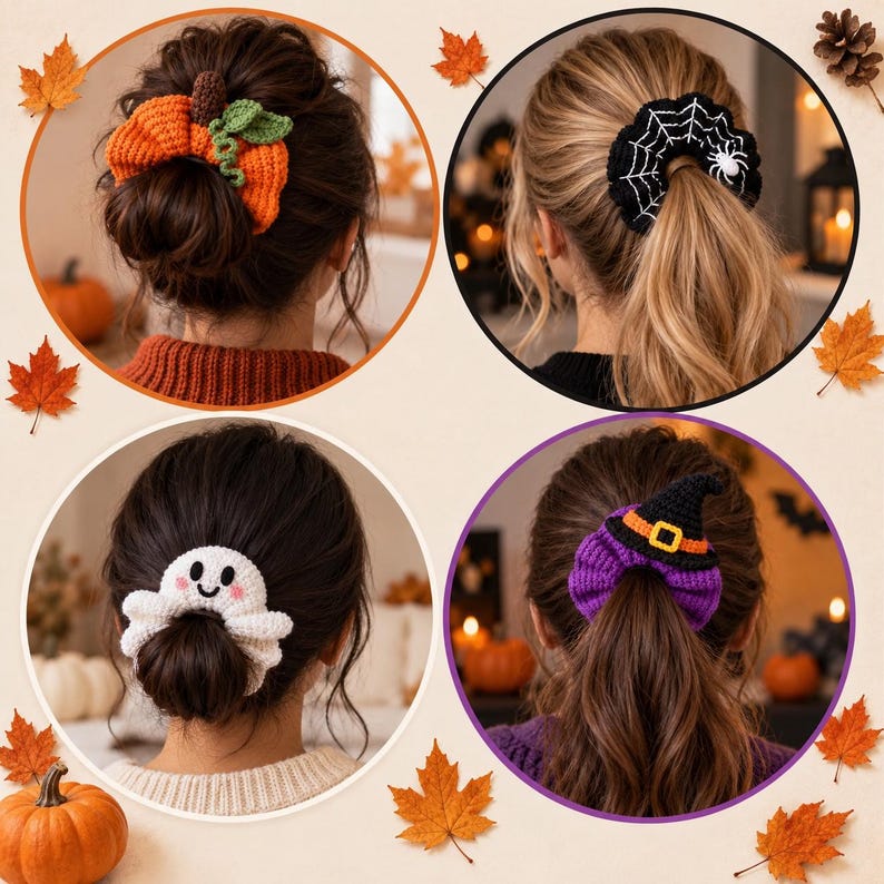 Halloween crochet scrunchie pattern bundle with pumpkin, ghost, spiderweb, and witch hat designs, PDF digital download