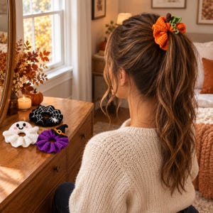 Halloween crochet scrunchie pattern bundle with pumpkin, ghost, spiderweb, and witch hat designs, PDF digital download