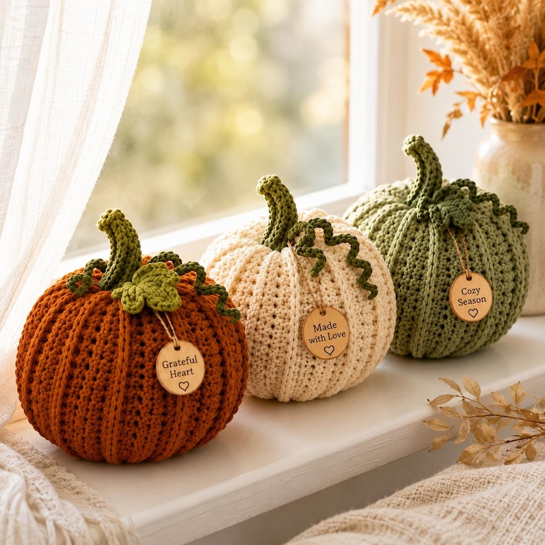 Handmade set of six ribbed crochet pumpkins in dusty pink, burnt orange, sage green, cream, red-orange, and mustard yellow, each with a curved moss green stem, curly vine tendril, and a small wooden charm tag, styled on a fringed canvas runner with autumn leaves and a lit candle.