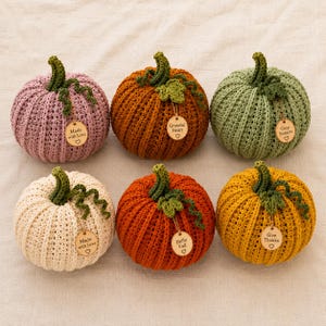Handmade set of six ribbed crochet pumpkins in dusty pink, burnt orange, sage green, cream, red-orange, and mustard yellow, each with a curved moss green stem, curly vine tendril, and a small wooden charm tag, styled on a fringed canvas runner with autumn leaves and a lit candle.