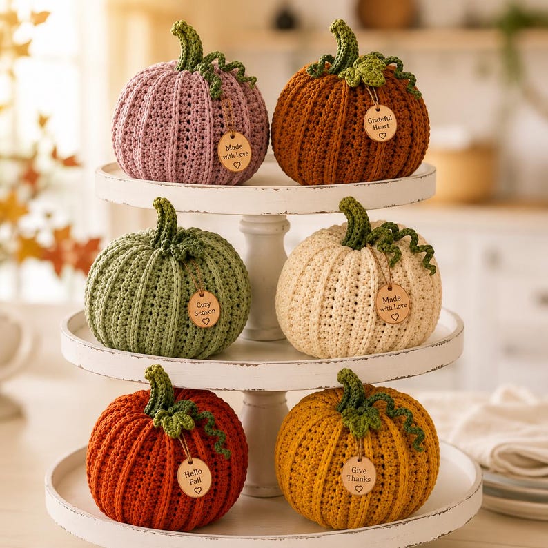 Handmade set of six ribbed crochet pumpkins in dusty pink, burnt orange, sage green, cream, red-orange, and mustard yellow, each with a curved moss green stem, curly vine tendril, and a small wooden charm tag, styled on a fringed canvas runner with autumn leaves and a lit candle.
