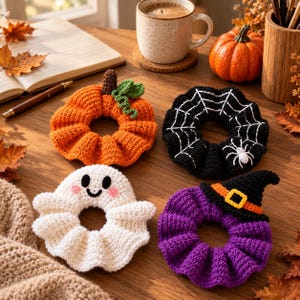 Halloween crochet scrunchie pattern bundle with pumpkin, ghost, spiderweb, and witch hat designs, PDF digital download