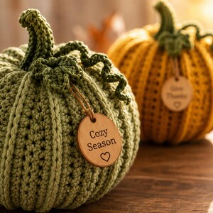 Handmade set of six ribbed crochet pumpkins in dusty pink, burnt orange, sage green, cream, red-orange, and mustard yellow, each with a curved moss green stem, curly vine tendril, and a small wooden charm tag, styled on a fringed canvas runner with autumn leaves and a lit candle.