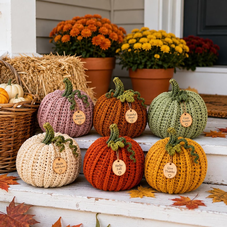 Handmade set of six ribbed crochet pumpkins in dusty pink, burnt orange, sage green, cream, red-orange, and mustard yellow, each with a curved moss green stem, curly vine tendril, and a small wooden charm tag, styled on a fringed canvas runner with autumn leaves and a lit candle.