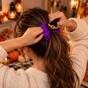 Halloween crochet scrunchie pattern bundle with pumpkin, ghost, spiderweb, and witch hat designs, PDF digital download