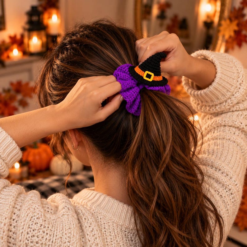 Halloween crochet scrunchie pattern bundle with pumpkin, ghost, spiderweb, and witch hat designs, PDF digital download