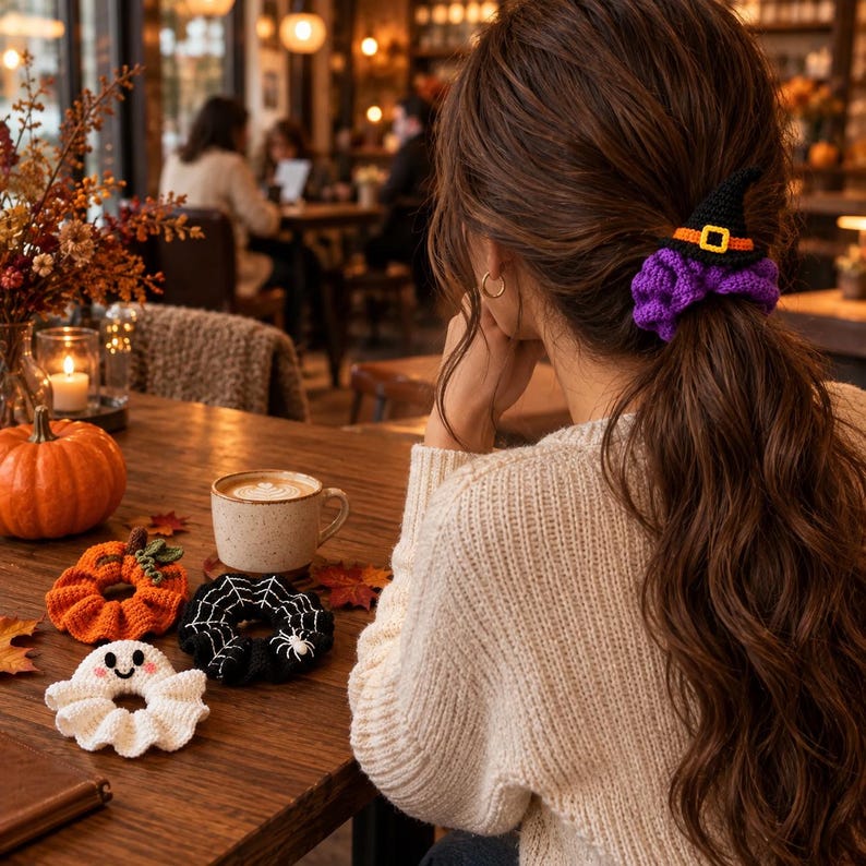 Halloween crochet scrunchie pattern bundle with pumpkin, ghost, spiderweb, and witch hat designs, PDF digital download