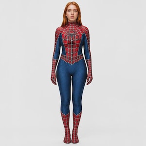 May include: A full-body spandex jumpsuit featuring a red and blue color scheme with a black spider web pattern printed across the chest, arms, and legs. The garment includes a black spider emblem on the chest and a textured, scale-like fabric finish.