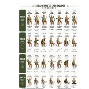 May include: A 28-day chair Tai Chi challenge chart for seniors featuring a grid of illustrations showing a person in a green shirt and khaki pants performing various seated exercises, with text labels for each day and weekly focus goals.