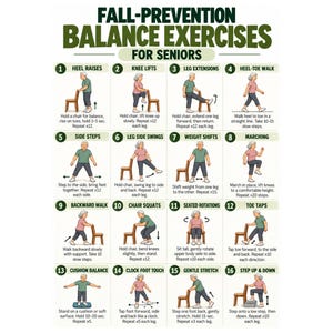 Könnte beinhalten: Ein weißes Informationsplakat mit dem Titel Fall-Prevention Balance Exercises for Seniors. Es enthält sechzehn nummerierte Illustrationen einer Person, die verschiedene körperliche Bewegungen wie Fersenheben, Kniebeugen und Dehnübungen ausführt, begleitet von Textanweisungen.