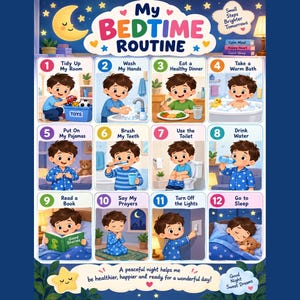 May include: A colourful educational poster titled My Bedtime Routine featuring twelve numbered steps for a child. Each step shows a cartoon boy performing tasks like tidying toys, washing hands, eating dinner, bathing, brushing teeth, and sleeping.