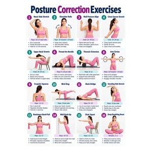 Könnte beinhalten: Ein weißes Informationsplakat mit dem Titel Posture Correction Exercises, das sechzehn nummerierte Abbildungen einer Person in rosa Sportkleidung zeigt, die verschiedene Dehnübungen und Bewegungen mit schriftlichen Anleitungen demonstriert.
