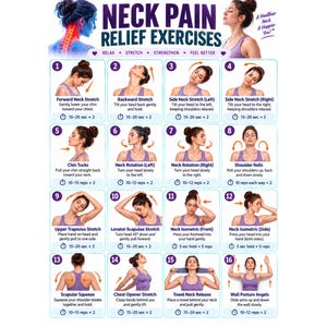 May include: An instructional chart titled Neck Pain Relief Exercises featuring sixteen numbered illustrations of a person in a purple tank top demonstrating various stretches and movements, including neck tilts, rotations, and shoulder rolls with text.