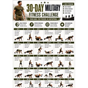 May include: A 30-day military fitness challenge poster featuring a daily exercise schedule with illustrations of various bodyweight movements. The document includes sections for building strength, improving endurance, and enhancing mobility.