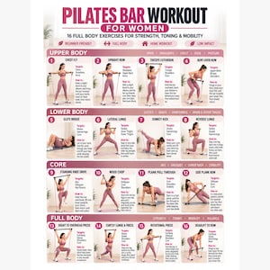 May include: A Pilates bar workout chart featuring 16 full-body exercises. The poster displays numbered illustrations of a person in pink athletic wear demonstrating movements with a black resistance bar, including text instructions and target muscle groups.