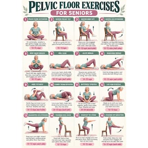 Può includere: Un poster didattico intitolato Pelvic Floor Exercises for Seniors che presenta sedici illustrazioni numerate di una persona con maglietta verde acqua e leggings color malva che esegue vari movimenti fisici con testi e conteggi.