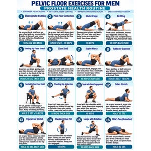 May include: An instructional chart titled Pelvic Floor Exercises for Men, featuring sixteen numbered panels with illustrations of a person performing various physical exercises, including breathing, stretches, and movements, with text instructions for each.