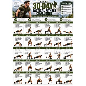 Può includere: Un poster di sfida di fitness tattico di 30 giorni con un piano di 4 settimane di routine di esercizi quotidiani. Il grafico include un'intestazione con il titolo, uno sfondo di paesaggio montano e una griglia di 30 caselle con esercizi specifici.