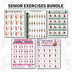 Puede incluir: Un paquete de cinco pósteres de ejercicios titulado Senior Exercises Bundle. Los pósteres muestran ilustraciones de personas realizando diversos movimientos sentados, incluyendo ejercicios en silla, tai chi, abdominales, pesas y ejercicios para grasa abdominal con etiquetas de texto claras para cada rutina.