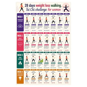 28 Day walking Tai Chi Challenge for Women Printable 4 Week Program Gentle Daily Workout Poster For Balance & Flexibility Instant Download