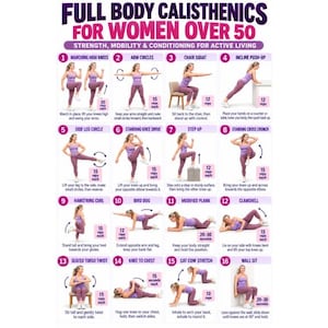 May include: A white instructional poster titled Full Body Calisthenics for Women Over 50, featuring sixteen numbered exercise illustrations. Each section displays a person in purple athletic wear performing movements with text instructions and repetition counts.