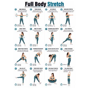 May include: A Full Body Stretch instructional chart featuring sixteen numbered exercises. Each section displays a person in teal athletic wear performing movements like arm circles, torso reaches, and squats, with text labels and timing icons.