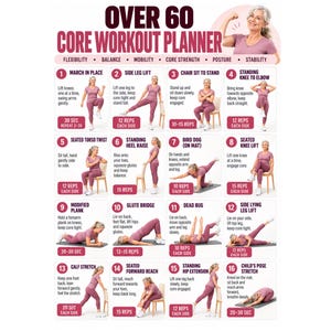 May include: A workout planner chart titled OVER 60 CORE WORKOUT PLANNER featuring sixteen numbered exercise illustrations. Each section includes a title, instructions, and repetition counts for movements like march in place, glute bridge, and child's pose.
