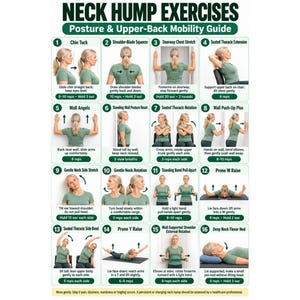 May include: A poster titled NECK HUMP EXERCISES Posture & Upper-Back Mobility Guide featuring sixteen numbered instructional panels. Each panel displays a person in a green shirt demonstrating specific physical movements with text instructions.