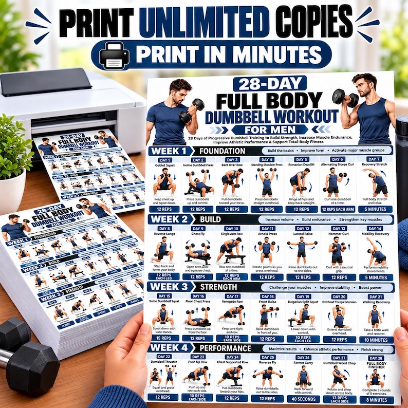 28 Day Full Body Dumbbell Workout for Men Printable Home Dumbbell ...