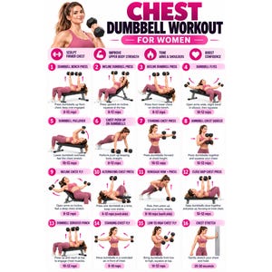 May include: A white informational poster titled CHEST DUMBBELL WORKOUT FOR WOMEN featuring sixteen numbered exercise illustrations. Each section displays a person performing a specific movement with dumbbells, including bench presses, flies, and stretches, with text instructions and rep counts provided for each.