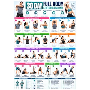 Può includere: Un poster per una sfida di stretching total body di 30 giorni con illustrazioni numerate di vari esercizi suddivisi per gruppi muscolari, tra cui collo, spalle, braccia, torace, colonna vertebrale, core, anche, quadricipiti e polpacci.