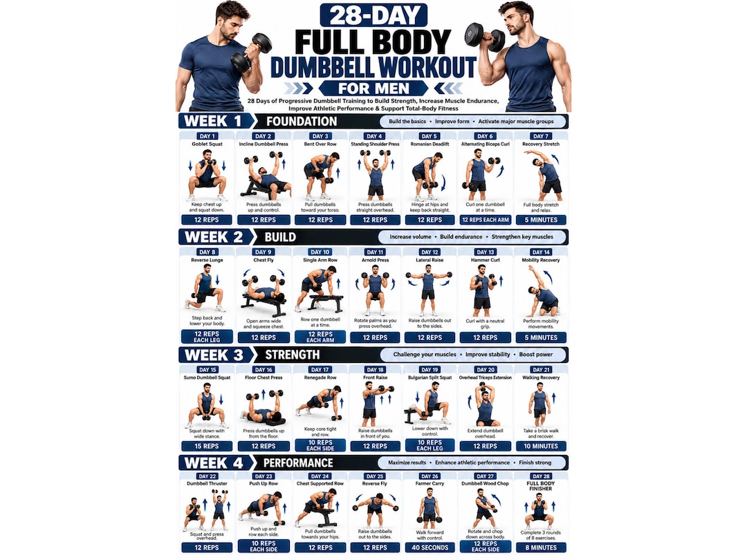 28 Day Full Body Dumbbell Workout for Men Printable Home Dumbbell ...
