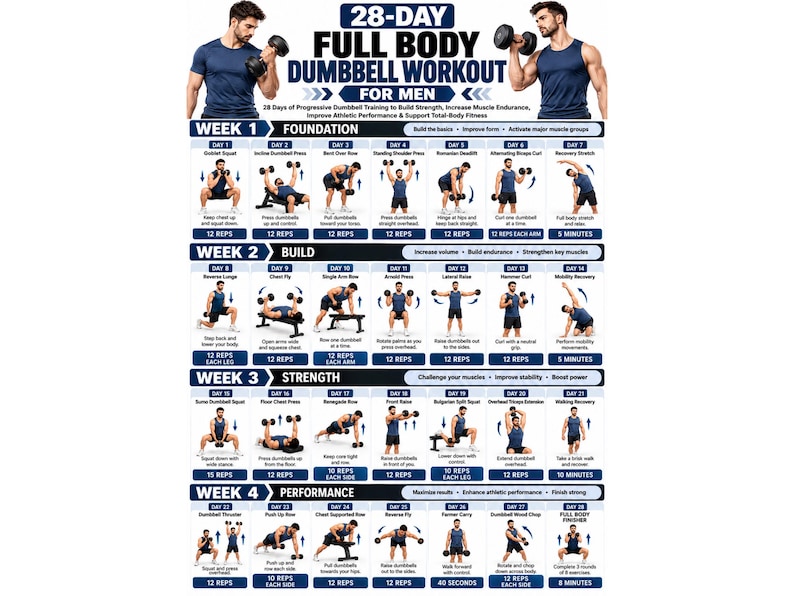 28 Day Full Body Dumbbell Workout for Men Printable Home Dumbbell ...
