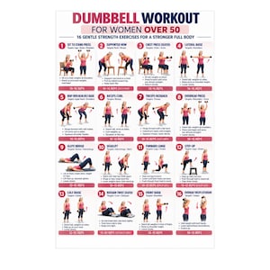 May include: A white instructional poster titled DUMBBELL WORKOUT FOR WOMEN OVER 50, featuring 16 numbered exercise illustrations. Each section displays a person demonstrating movements with dumbbells, including text descriptions and repetition counts.