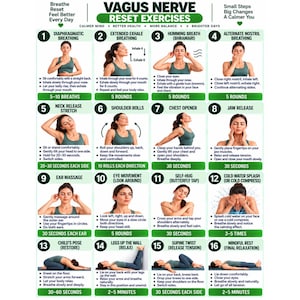 May include: An instructional chart titled Vagus Nerve Reset Exercises featuring sixteen numbered steps with illustrations of a person in a green top demonstrating breathing, stretching, and relaxation techniques to promote calm and balance.