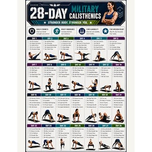 Puede incluir: Un póster de entrenamiento de calistenia militar de 28 días que presenta un programa de ejercicios diario con casillas de verificación, ilustraciones instructivas de movimientos y el título 28-Day Military Calisthenics Stronger Body Stronger You.