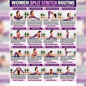 Op de afbeelding: Een poster getiteld Women Split Stretch Routine met 16 genummerde instructiepanelen. Elk paneel toont een persoon in paarse sportkleding die een specifieke rekoefening uitvoert met tekstinstructies voor mobiliteit en flexibiliteit.