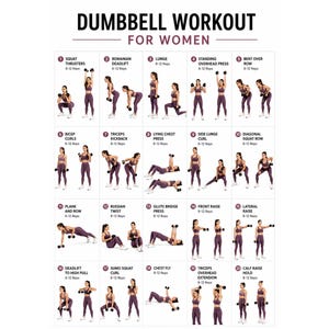 May include: A white informational chart titled DUMBBELL WORKOUT FOR WOMEN featuring twenty numbered exercise illustrations. Each section displays a person in purple athletic wear performing a specific movement with dumbbells, including text labels.